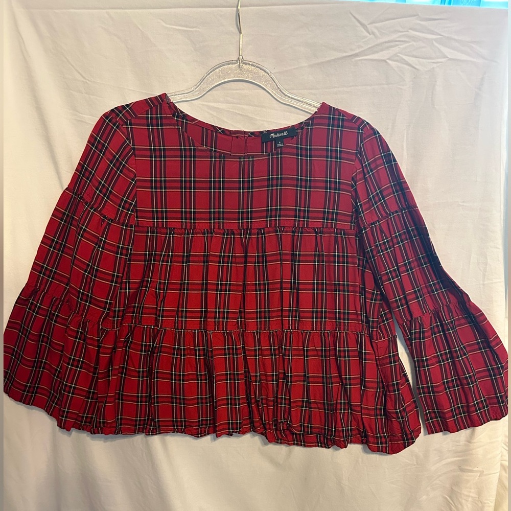 Madewell Red and Blue Bell Sleeve Blouse